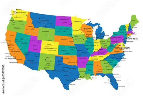 Colorful United States of America political map with clearly labeled, separated layers. Vector illustration.