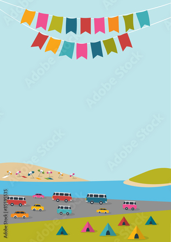 Summer festival, party poster with color flags and retro cars, vans, buses. Flat design.