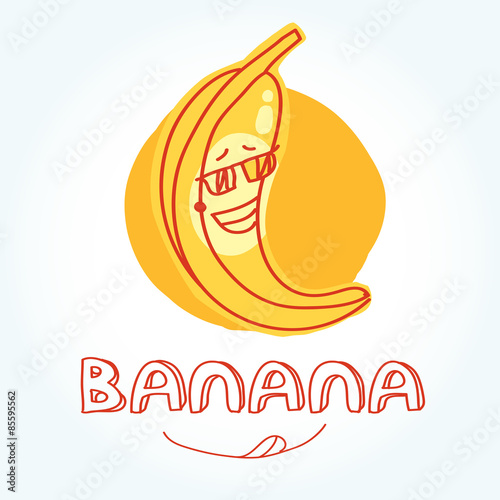 Banana in hand drawn style with orange round on white background.