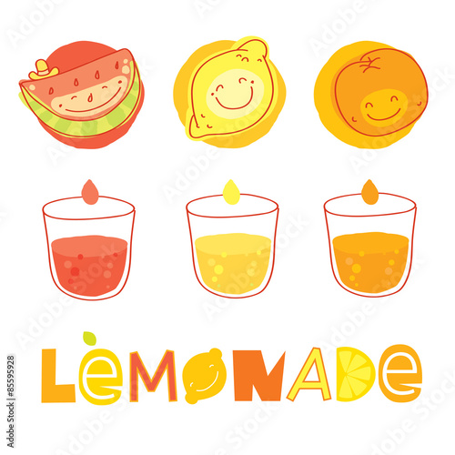 Lemonade elements set. Fruits, lettering and glassses with the drink.