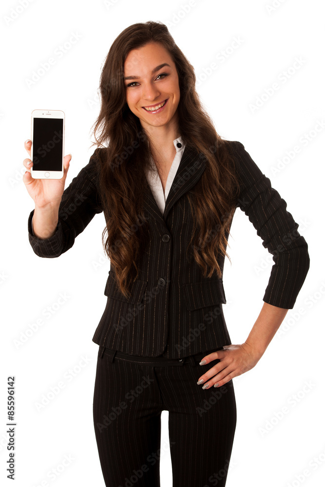 Beautiful young business woman showing a happy note on her smart Beautiful young business woman showing a happy note on her smart
