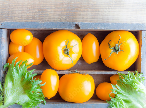 Yellow tomatoes and frillis on the wooden backgrounds photo