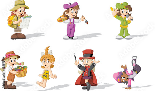 Group of cartoon girls wearing different costumes
