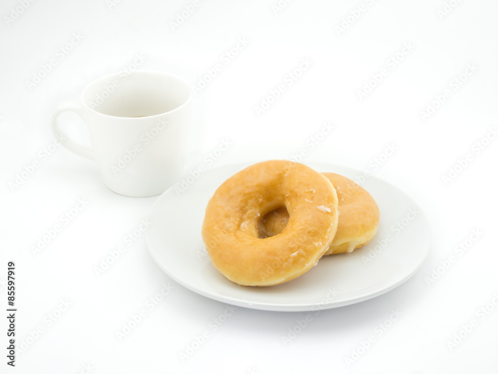 Donut isolated and cup of coffee on white background Donut isolated and cup of coffee on white background