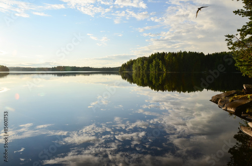 Lake view in Finland, midsummer night light.
