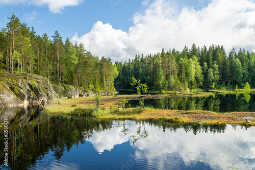 White summer clouds reflecting on the forest pond