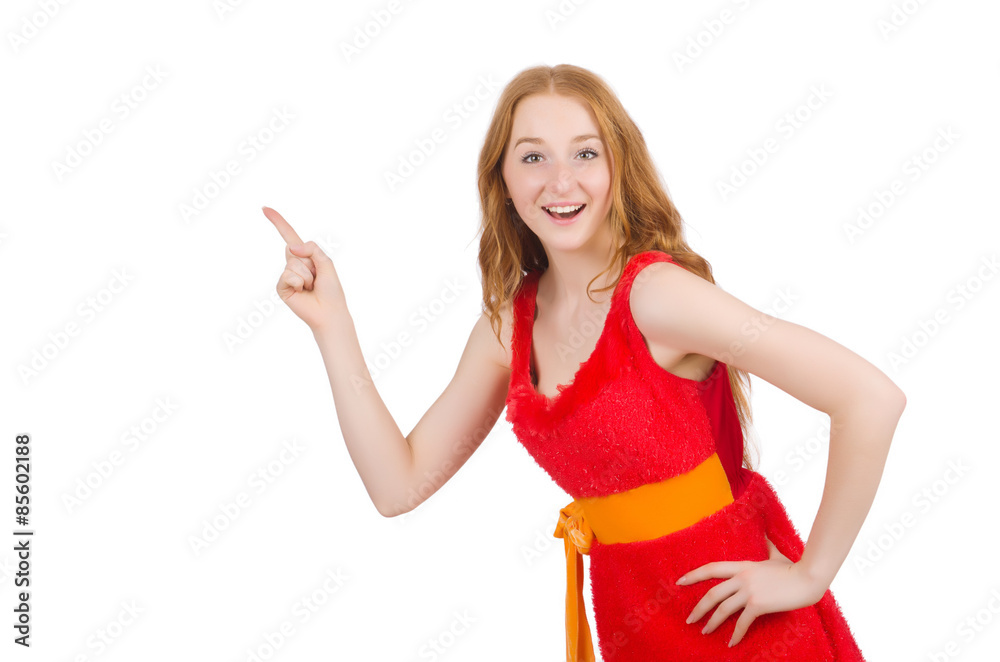 Young beautiful girl in red dress pointing isolated on white Young beautiful girl in red dress pointing isolated on white