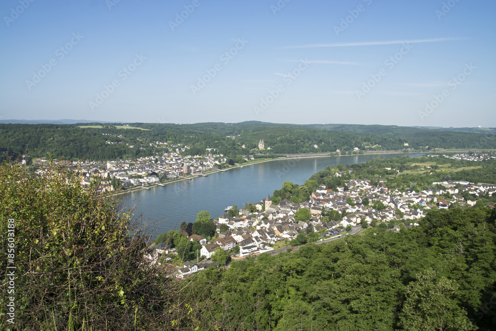 Blick vom Erpeler Ley auf Erpel und Remagen am Rhein, Deutschland
