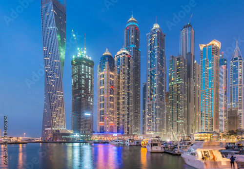 Dubai marina skyscrapers during night hours