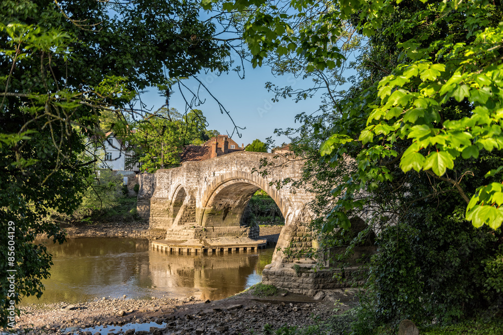 Fototapeta premium Leaves framed view to medieval bridge and river in Aylesford