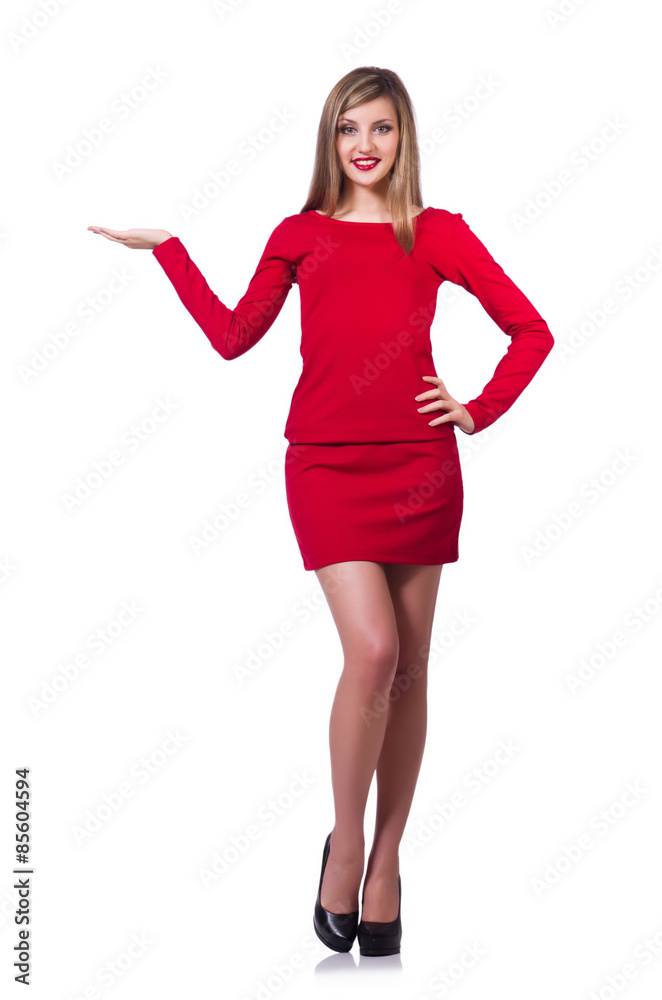 Young blonde girl in red short dress holding isolated on white Young blonde girl in red short dress holding isolated on white