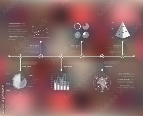 Timeline infographic with unfocused background and icons set. World map
