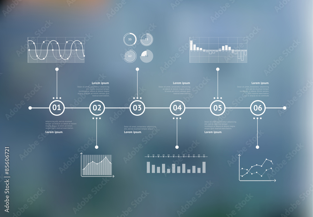 Timeline Infographic With Unfocused Background And Icons Set. World Map ...