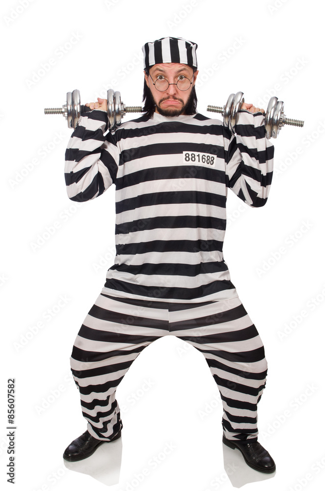 Prison inmate with dumbbells isolated on white Prison inmate with dumbbells isolated on white
