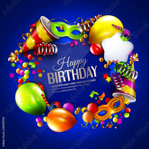 Birthday card with colorful curling ribbons, carnival mask, hat