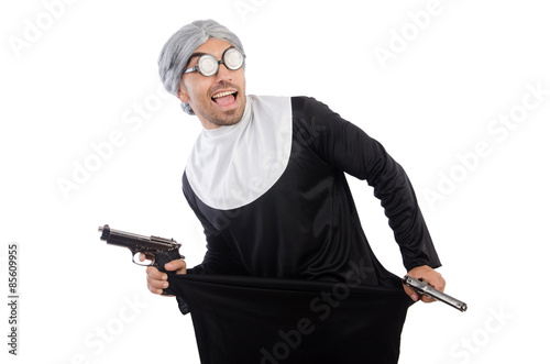 Young man wearing as nun isolated on white