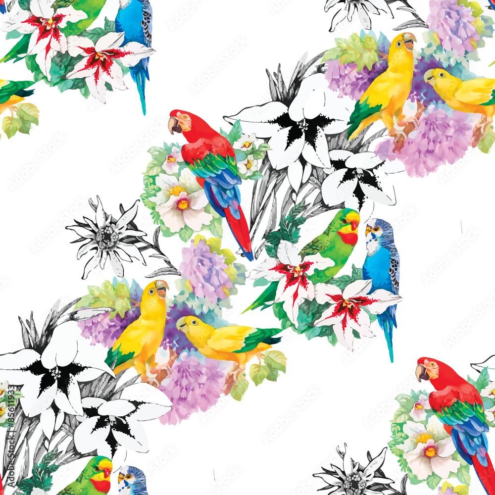 Watercolor parrots on a floral background. Seamless pattern.