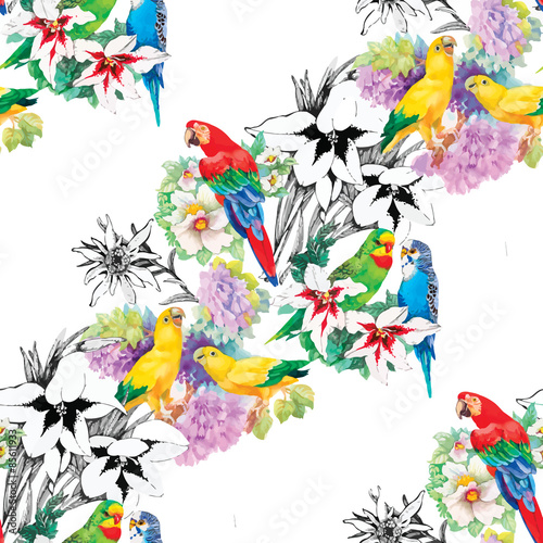 Watercolor parrots on a floral background. Seamless pattern. © kostanproff