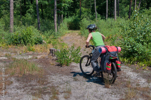 Cyclist practicing mountain bike on a forest trail.