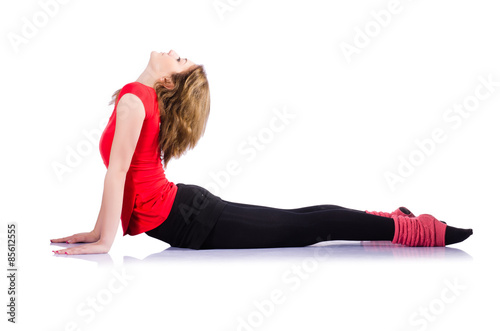 Woman doing exercises on white