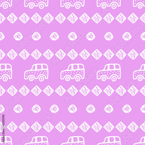 Seamless pattern with hand drawn cars, squares and circles.