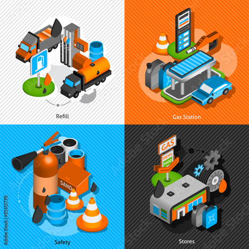 Gas station isometric 4 pictograms composition
