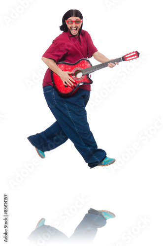Fat man with guitar isolated on white