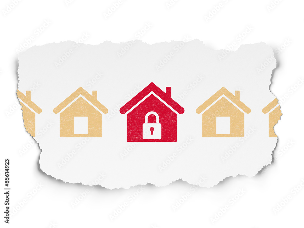 Safety concept: home icon on Torn Paper background