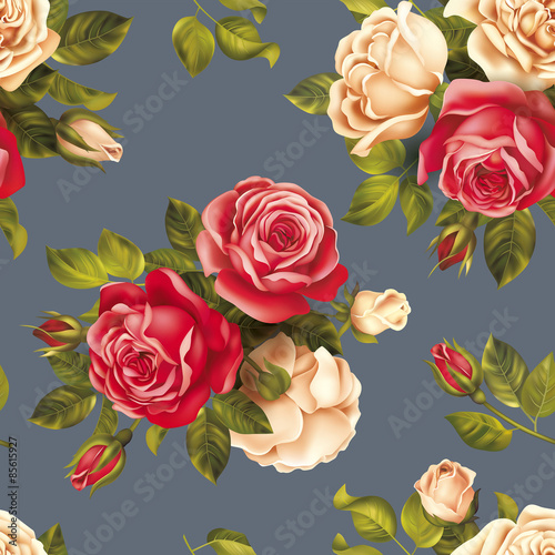 Seamless pattern with red and white roses. Vector illustration.