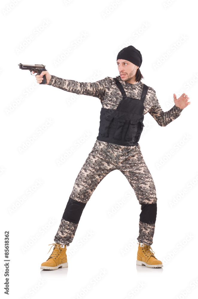 Young man in military uniform holding pistol isolated on white Young man in military uniform holding pistol isolated on white