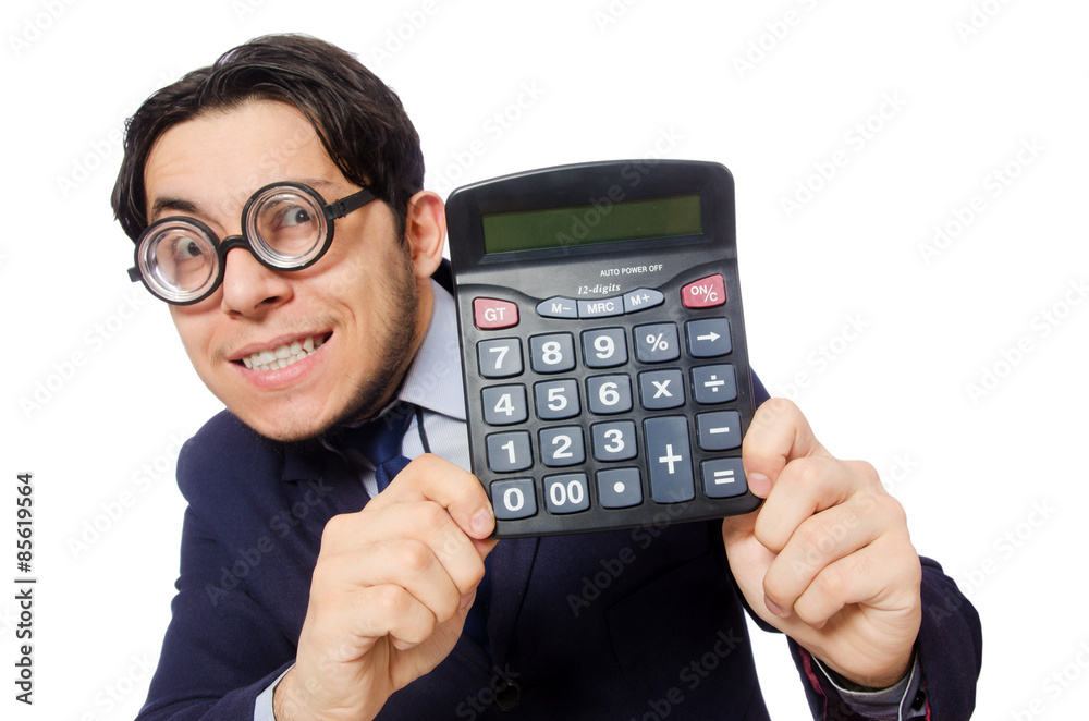 Funny man with calculator isolated on white Funny man with calculator isolated on white