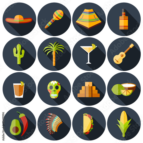 Set of flat shadow icons on Mexica theme: sombrero, poncho