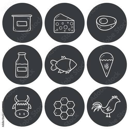 Set of cute hand drawn outline icons with products containing