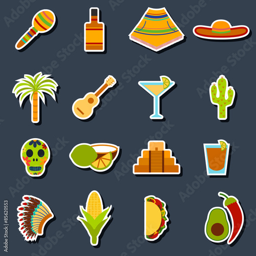 Set of flat stickers on Mexica theme: sombrero, poncho, tequila