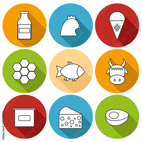 Set of modern flat shadow outline icons with products containing