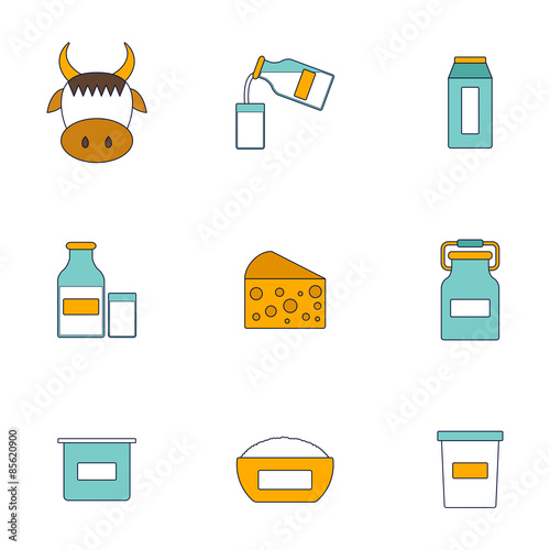 Set of modern flat icons with products containing lactose: milk