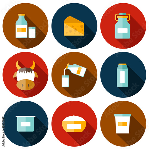 Set of modern flat shadow icons with products containing lactose