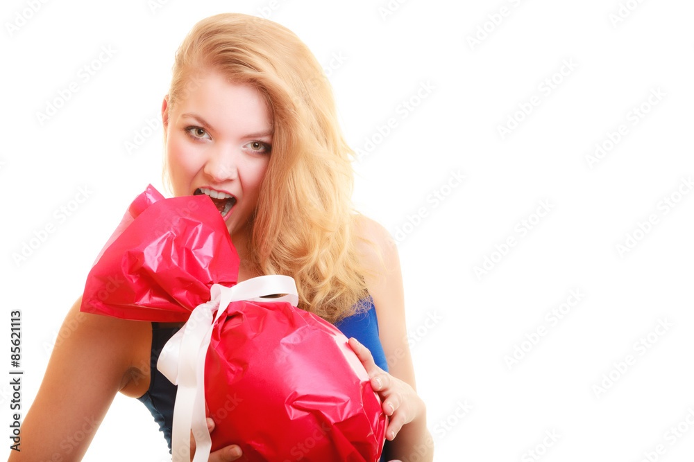holidays love happiness concept - girl with red gift holidays love happiness concept - girl with red gift