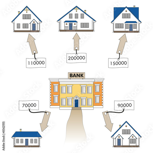 Vector illustration: mortgage loan to buy a house. Infographics: Mortgage loan as a cash flow. Buying real estate in white, blue, grey colors. Banking services for the provision of mortgage lending.