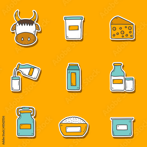 Set of cute hand drawn stickers with products containing lactose