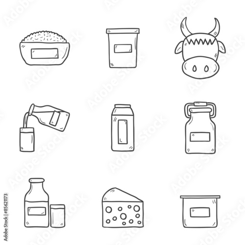 Set of cute hand drawn outline icons with products containing