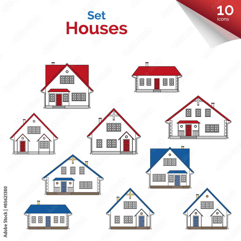 Vector illustration. House projects in white, red, grey and blue colors. Vector houses: cottage and two-storey houses. Real estate. Residential property. Vector set of flat icons of houses.