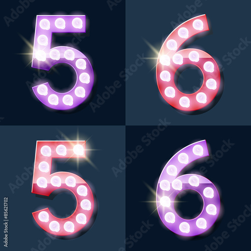Festive pink and purple vector lamp alphabet for party, cinema and other entertainment. Numbers 5 6