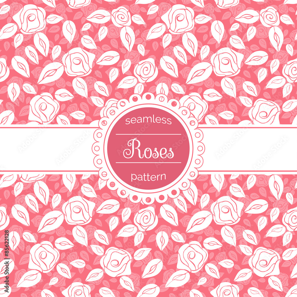 Vector floral seamless pattern. Seamless background with flat icons of roses. Linear flowers. Spring flowers. Vintage decor for textile, wallpaper, background. White roses. Spring garden.