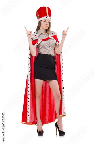 Pretty woman wearing crown and red coat isolated on white