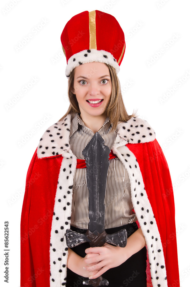 Pretty woman wearing crown and red coat isolated on white Pretty woman wearing crown and red coat isolated on white