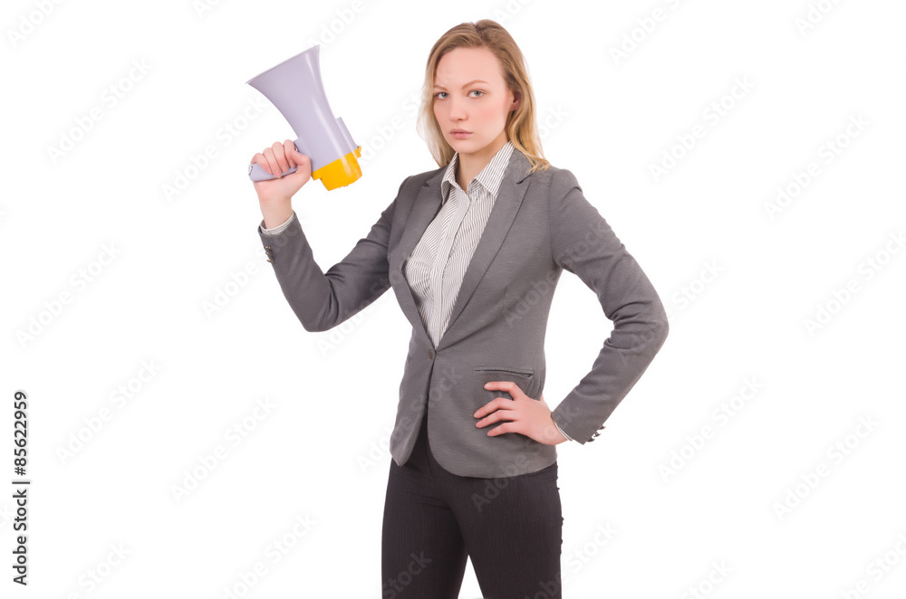 Businesslady with megaphone isolated on white Businesslady with megaphone isolated on white