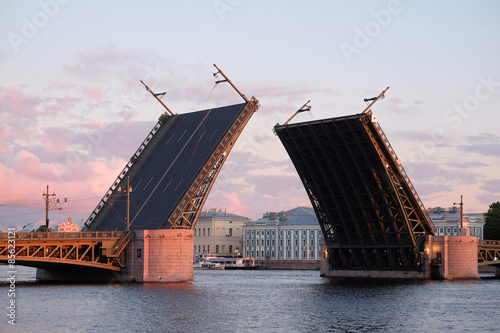 Landscape with the image of open Palace bridge from the Neva river in St. Petersburg, Russia,