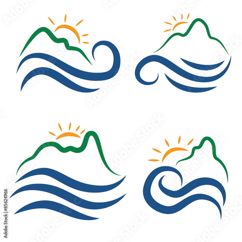 Illustration set icon of mountains,waves and sun.Vector