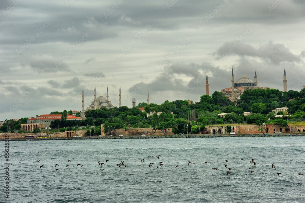 Blue Mosque and Hagia Sophiatanbul  in cloudy day - Istanbul Turkey